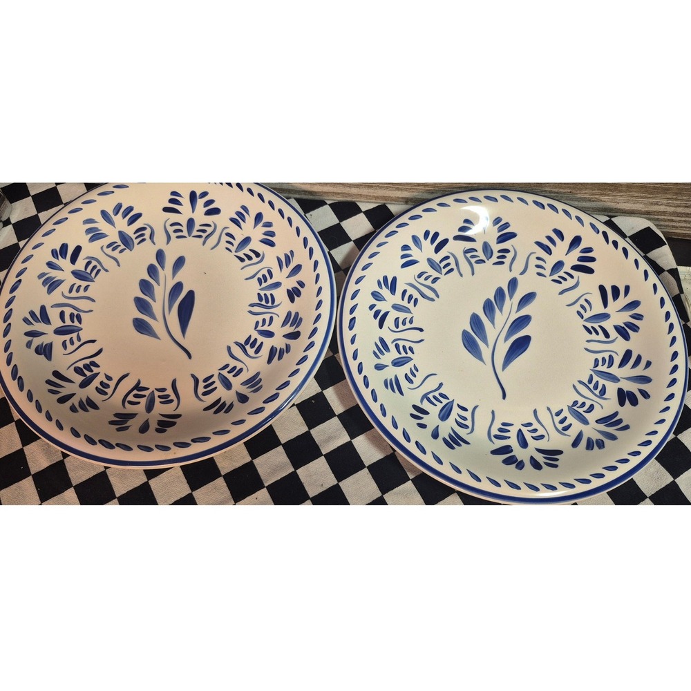 Casa Cristina Blue and White Ceramic Dinner Plates Set of 2 Floral Leaf 10.75"